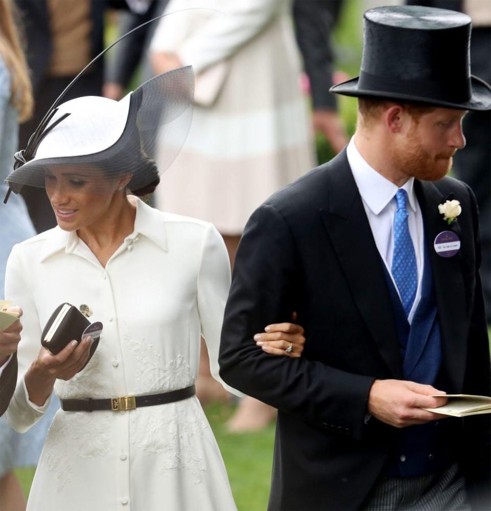 Meghan Markle (with Prince Harry) carrying her name tag at Royal Ascot on June 19, 2018.