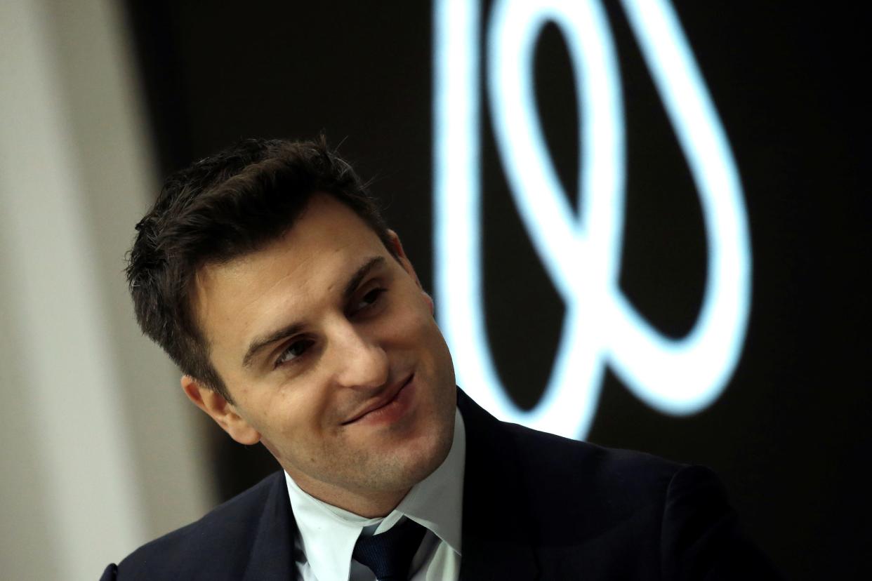 Brian Chesky, CEO and Co-founder of Airbnb, listens to a question as he speaks to the Economic Club of New York at a luncheon at the New York Stock Exchange (NYSE) in New York, U.S. March 13, 2017.