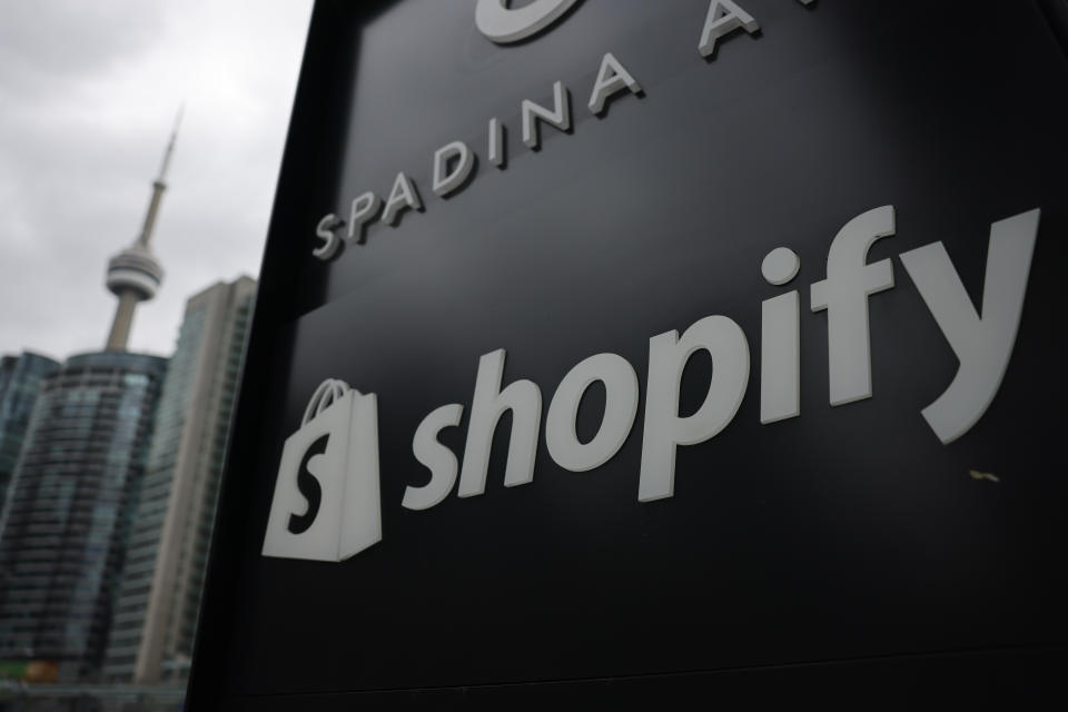 TORONTO, ON - May 4: The Shopify logo is pictured outside the The Well building on Spadina Ave. in Toronto. Toronto Star/Lance McMillanMay-04-2023        (Lance McMillan/Toronto Star via Getty Images)