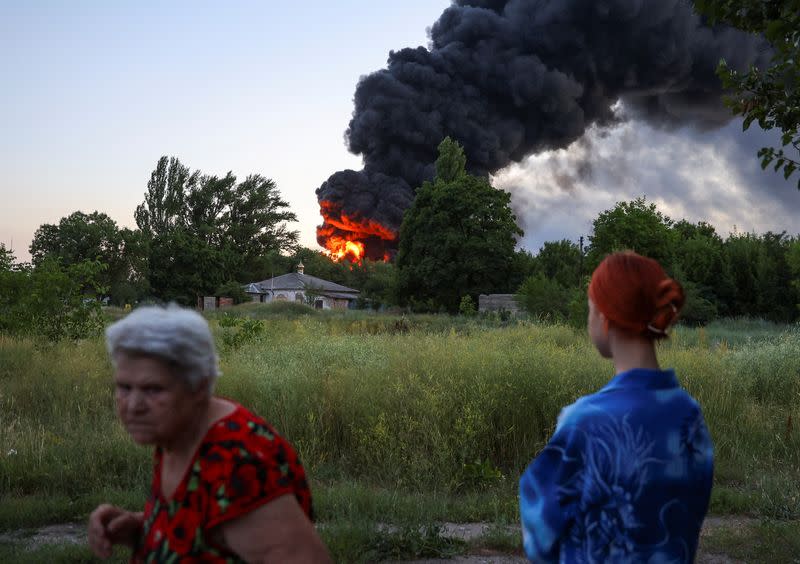 Smoke rises after shelling during Ukraine-Russia conflict in Donetsk