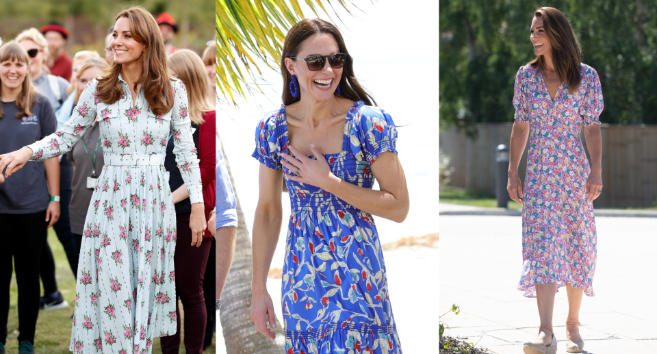 split screen of three kate middleton photos wearing floral dresses, best kate middleton spring and summer floral dresses