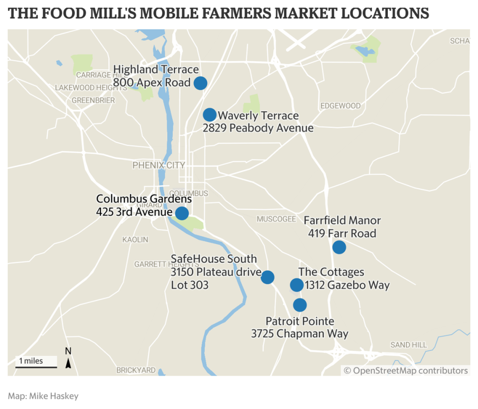 This is a map of the current mobile farmers market locations operated by The Food Mill.