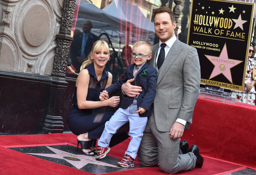 Chris Pratt's then wife Anna Faris and their son, Jack, support him in April 2017 as he's honored with a star on the Hollywood Walk of Fame. (Axelle/Bauer-Griffin/FilmMagic)