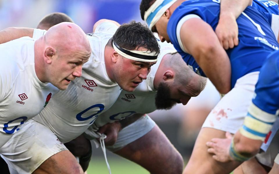 Dan Cole, Jamie George and Joe Marler in the scrum for England against Italy in the Six Nations