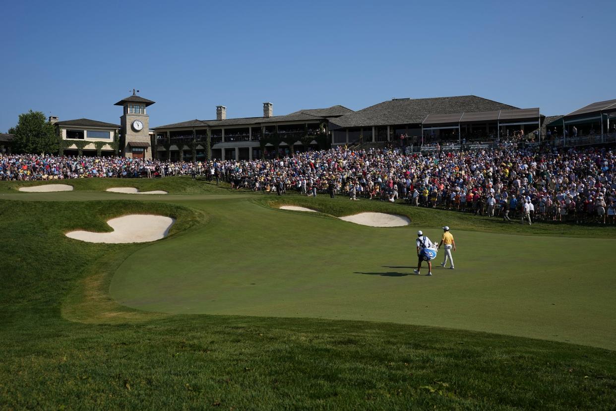 June 4, 2023; Dublin, Ohio, USA;  Rory McIlroy walks to the 18th green during the final round of the Memorial Tournament at Muirfield Village Golf Club. 