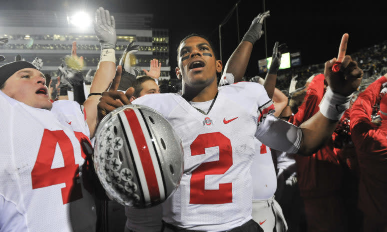 Terrelle Pryor celebrates a win over Iowa.