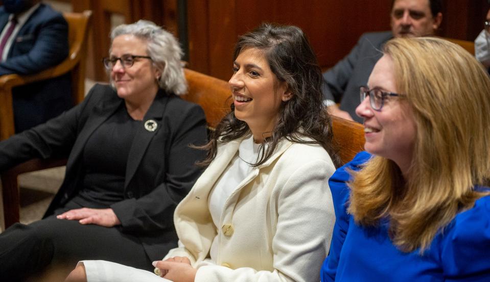 State Rep. Priscila Sousa, D-Framingham, attends her first Democratic caucus at the State House prior to swearing-in ceremonies, Jan. 4, 2023.