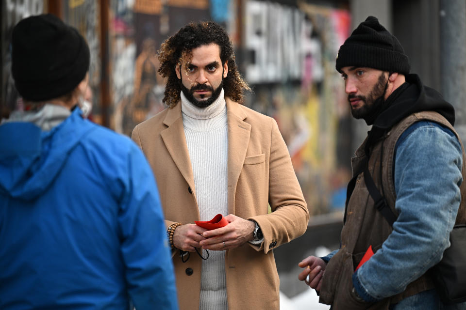 GLASGOW, SCOTLAND - JANUARY 13: Directors Adil El Arbi and Bilall Fallah on the set of the new Batgirl movie on January 13, 2022 in Glasgow, Scotland. Leslie Grace is to star as Batgirl in the forthcoming movie, parts of which will be filmed on the streets of Glasgow. (Photo by Jeff J Mitchell/Getty Images)