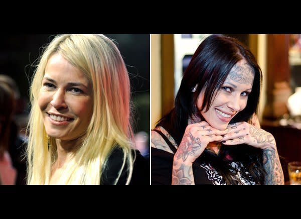 Chelsea Handler <a href="http://blog.zap2it.com/pop2it/2010/04/chelsea-handler-goes-after-michelle-bombshell-mcgee-some-more.html" target="_hplink">started a feud with Jesse James' tattooed mistress Michelle "Bombshell" McGee in 2010,</a> with a joke she wrote on her blog: "I guess she doesn't read magazines which makes sense, since she basically has one on her face."    McGee responded on her Facebook page writing:     "Chelsea, here's some free advice: Use some of that Botox from your forehead and put it in your flabby underarm skin. I've seen better wings in a bucket of KFC chicken." And later wrote, ""In all seriousness, Im a big fan of 'Chelsea Lately' ... I was laughing my ass off.... feel so honored to have a transexual [sic] poke fun of me ..."     Don't mess with a comedian -- Handler didn't hold back with her response to McGee:     "First of all, look at my forehead, you dumb bitch, okay? It moves ... You have a tattoo on your forehead, so you have had a needle in your forehead -- and probably Jesse James' balls. So shut your face."    