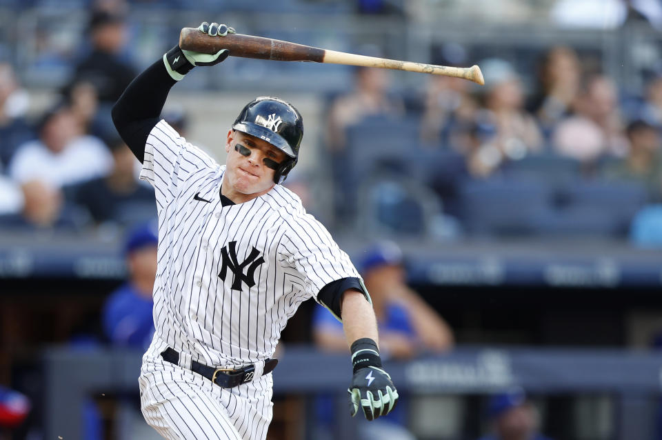 New York Yankees' Harrison Bader (22) reacts after hitting a fly ball for an out against the Texas Rangers during the eighth inning of a baseball game, Saturday, June 24, 2023, in New York. (AP Photo/Noah K. Murray)