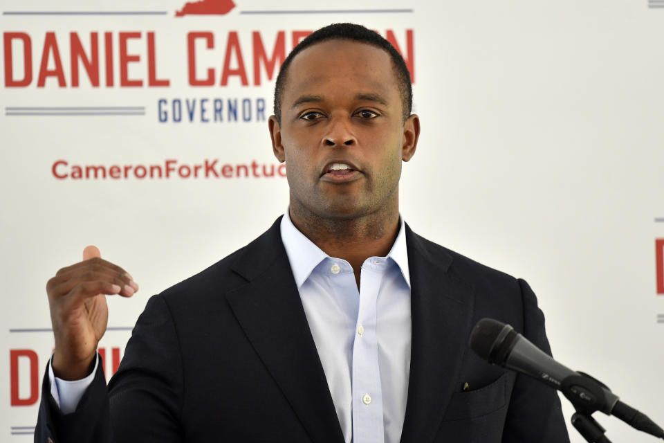 FILE - Daniel Cameron, Kentucky attorney general and Republican candidate for governor, speaks to supporters, June 2, 2023, in Richmond, Ky. Cameron is looking to separate himself from the last GOP governor, apologizing for former Gov. Matt Bevin’s feud with educators, in an effort to reclaim lost territory with teachers — whose voting clout helped vault the incumbent Democratic governor into office. (AP Photo/Timothy D. Easley, File)