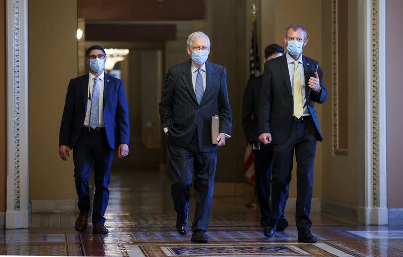 U.S. Senate Majority Leader Mitch McConnell walks through the U.S. Capitol in Washington