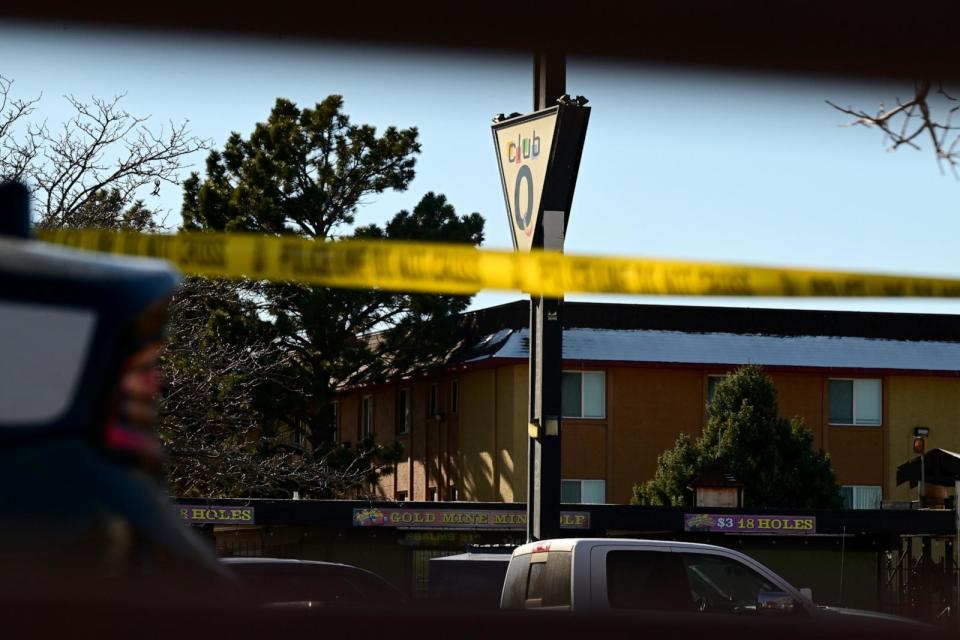 PHOTO: Police tape cordons off the scene of a mass shooting at Club, Nov. 20, 2022, in Colorado Springs, Colo. (Helen H. Richardson/Denver Post via Getty Images)