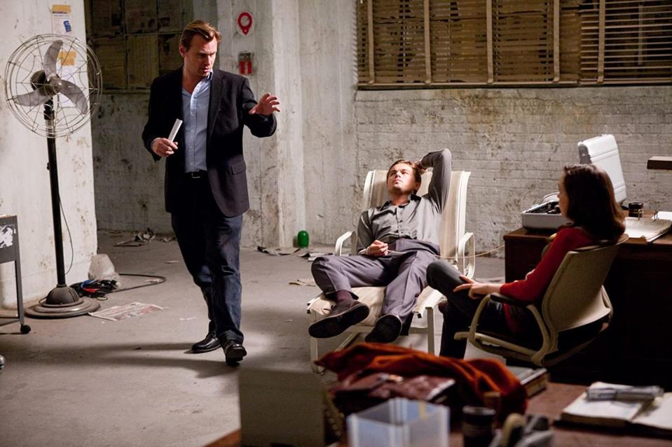 Christopher Nolan, Leonardo DiCaprio and Ellen Page on the set of 'Inception', 2010