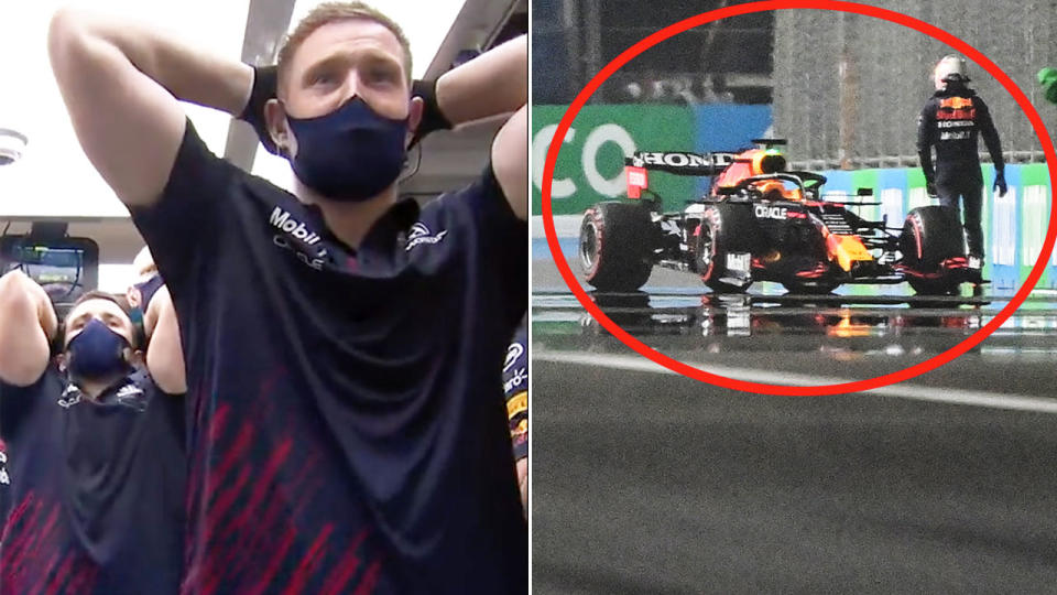 Pictured left, Red Bull team members react to Max Verstappen's crash in qualifying.