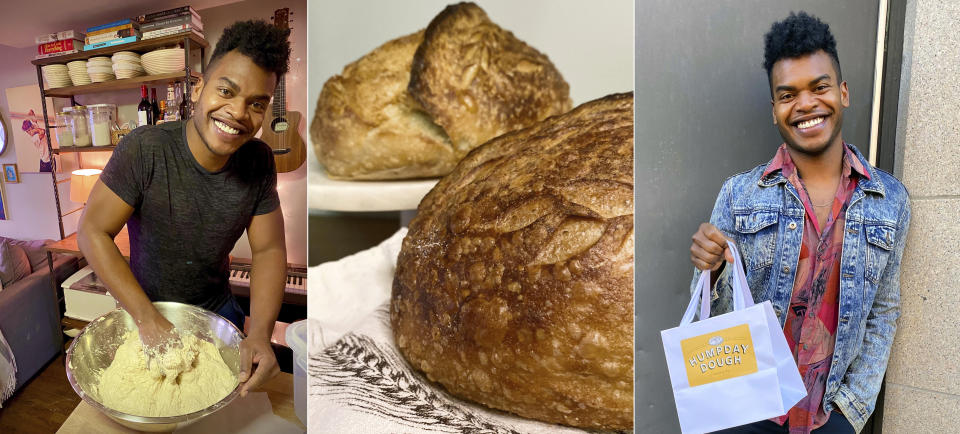 This combination of photos shows Broadway performer Max Kumangai making sourdough bread from his apartment in New York. The triple threat from the musical “Jagged Little Pill” has leaned into a fourth skill as the pandemic marches on: baking and selling his own sourdough. (Michael Lowney/Humpday Dough via AP)