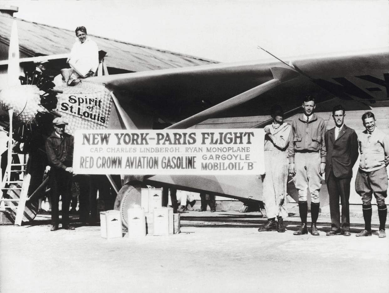 Charles Lindberg and Ryan 'Spirit of St Louis' monoplane before the New York-Paris flight, 1927, San Diego Airport, United States of America, 20th century.