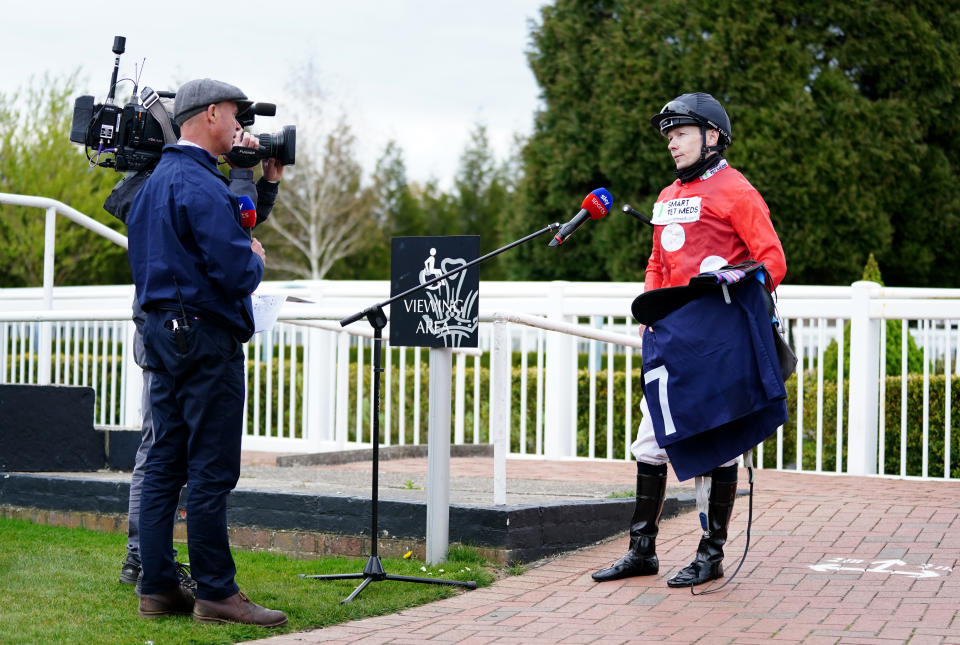 <p>Jockey Jamie Spencer speaks to Sky Sports after winning the the Kentucky Derby On Sky Sports Racing Handicap with Billhilly at Lingfield Park Racecourse. Picture date: Thursday April 29, 2021.</p>
