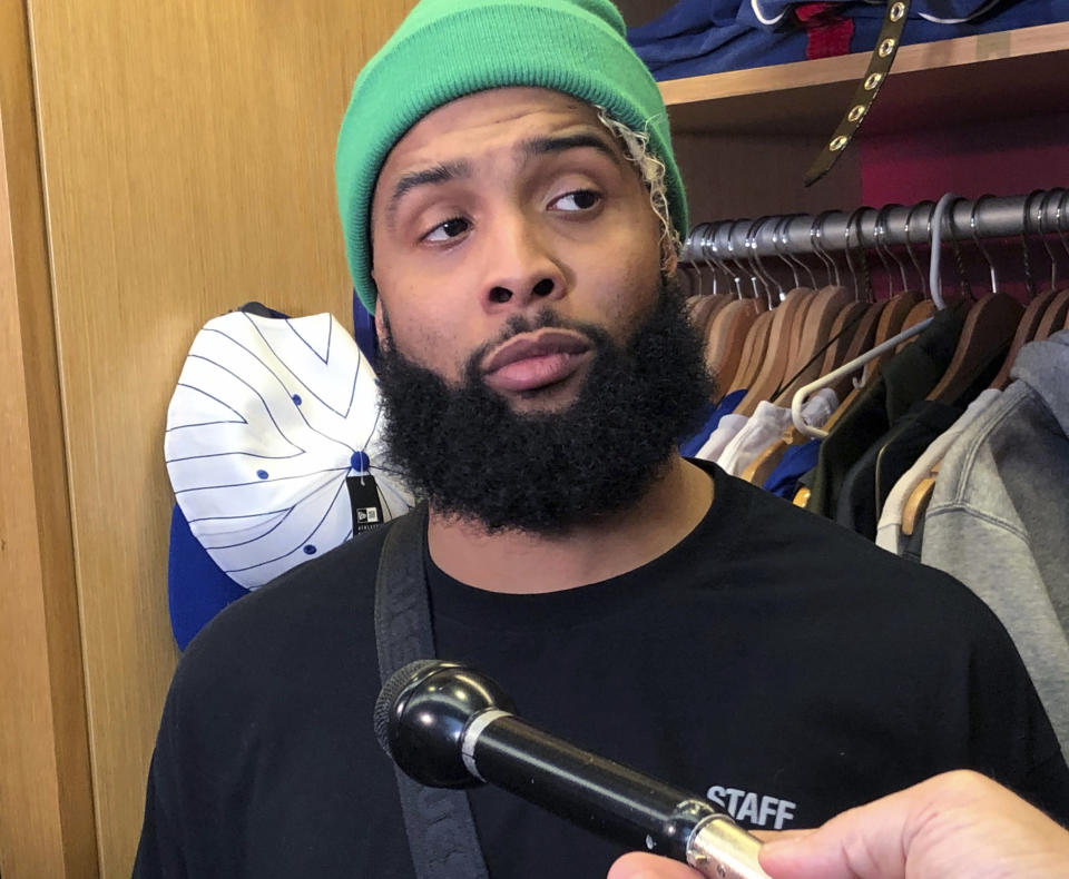 New York Giants wide receiver Odell Beckham Jr. speaks to reporters in East Rutherford, N.J., Thursday, Dec. 20, 2018. (AP Photo/Tom Canavan)