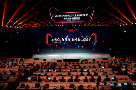 A screen shows the value of goods being transacted at Alibaba Group's 11.11 Singles' Day global shopping festival in Shanghai, China, November 11, 2018. REUTERS/Aly Song