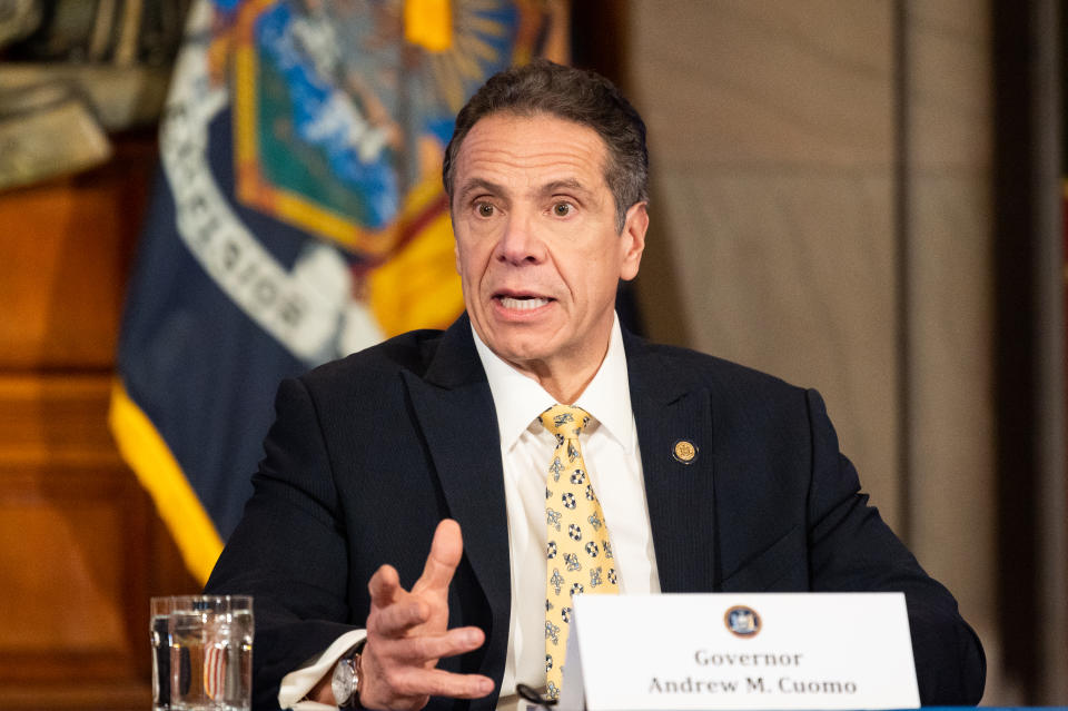 ALBANY, NEW YORK - APRIL 7, 2020: New York Governor, Andrew Cuomo (D) speaking at a press Conference at the State Capitol.- PHOTOGRAPH BY Michael Brochstein / Echoes Wire/ Barcroft Studios / Future Publishing (Photo credit should read Michael Brochstein / Echoes Wire/Barcroft Media via Getty Images)