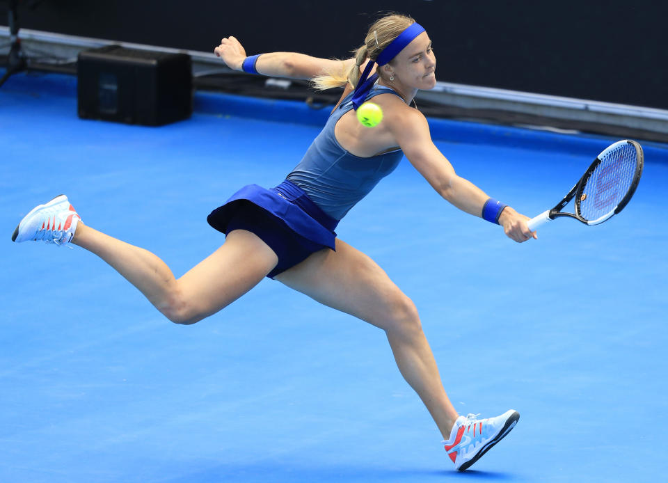 Anna Karolina Schmiedlova of Slovakia hits a backhand to Sofia Kenin of the U.S. during the women's singles finals at the Hobart International tennis tournament in Hobart, Australia, Saturday, Jan. 12, 2019. (Rob Blakers/AAP Image via AP)