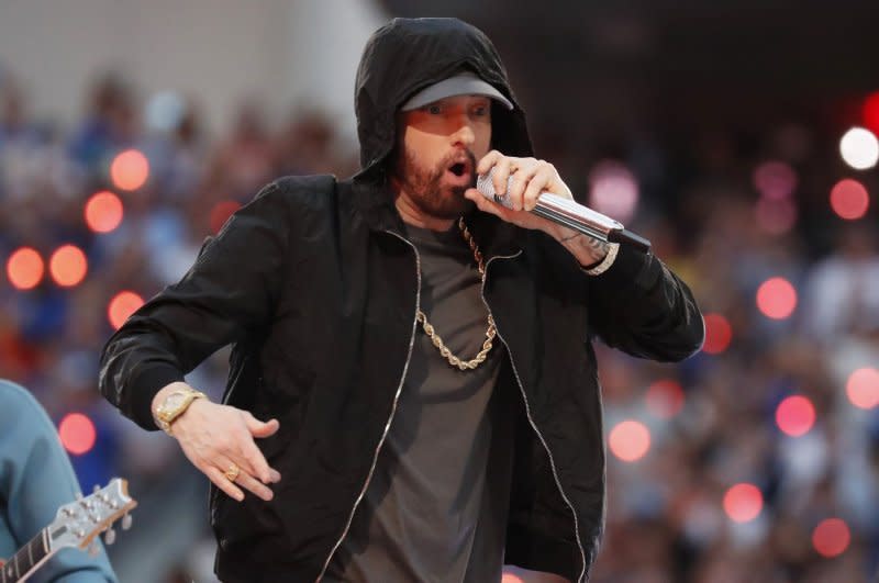 Eminem performs in the Pepsi Super Bowl LVI Halftime Show at SoFi Stadium in Los Angeles on February 13, 2022. The rapper turns 51 on October 17. File Photo by John Angelillo/UPI