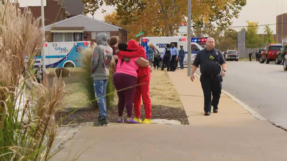 Emergency personnel at the scene of a possible school shooting in St. Louis, Mo. (KSDK)
