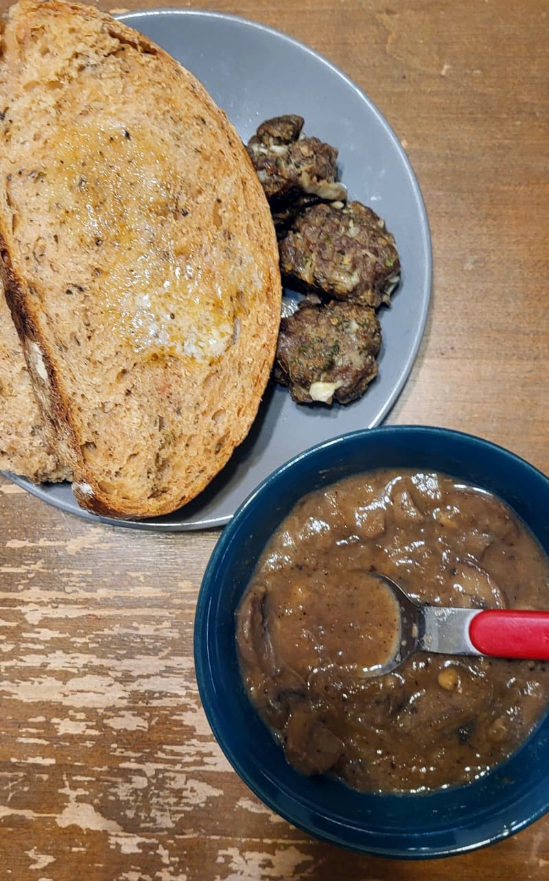 Meatballs and Bread with Onion-Mushroom Gravy