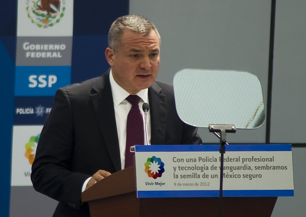 Mexican Secretary of Public Safety Genaro Garcia Luna speaks during the inauguration of the Federal Police's scientific division on March 9, 2012 in Mexico City. AFP PHOTO/Alfredo Estrella (Photo credit should read ALFREDO ESTRELLA/AFP via Getty Images)