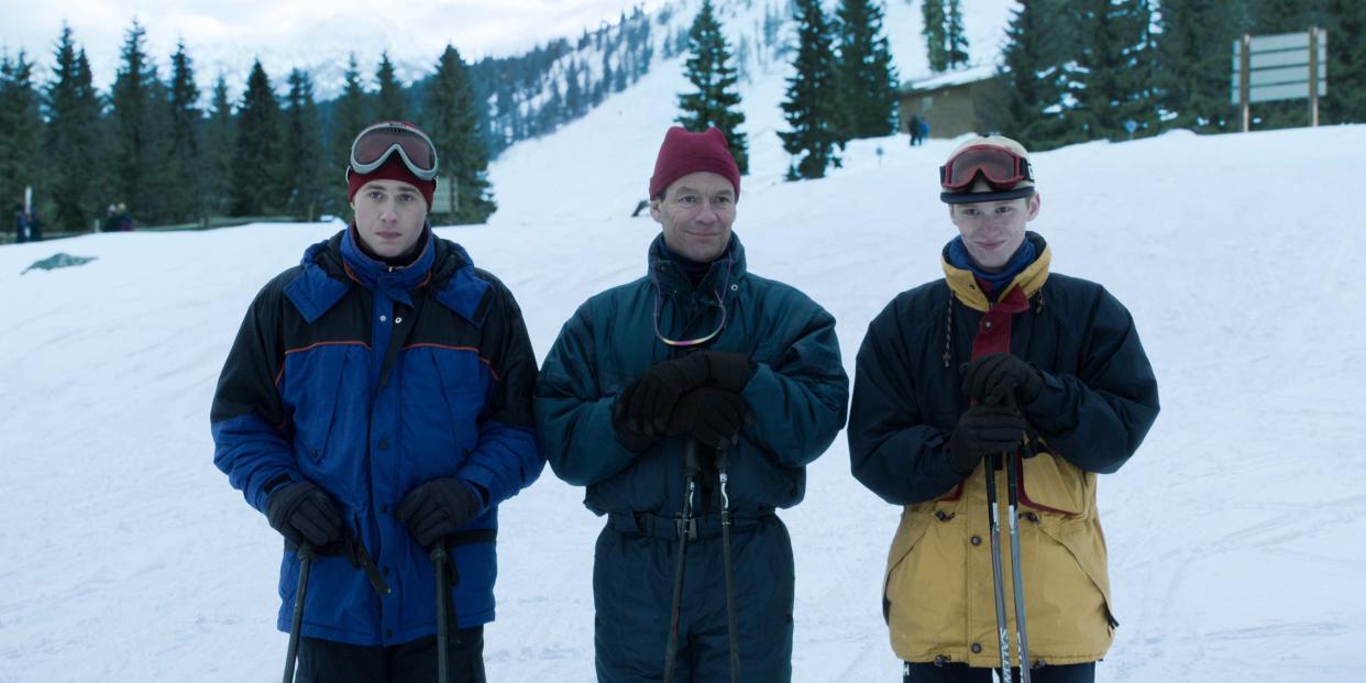 Ed McVey as Prince William, Dominic West as Prince Charles, and Luther Ford as Prince Harry in The Crown. (Netflix)