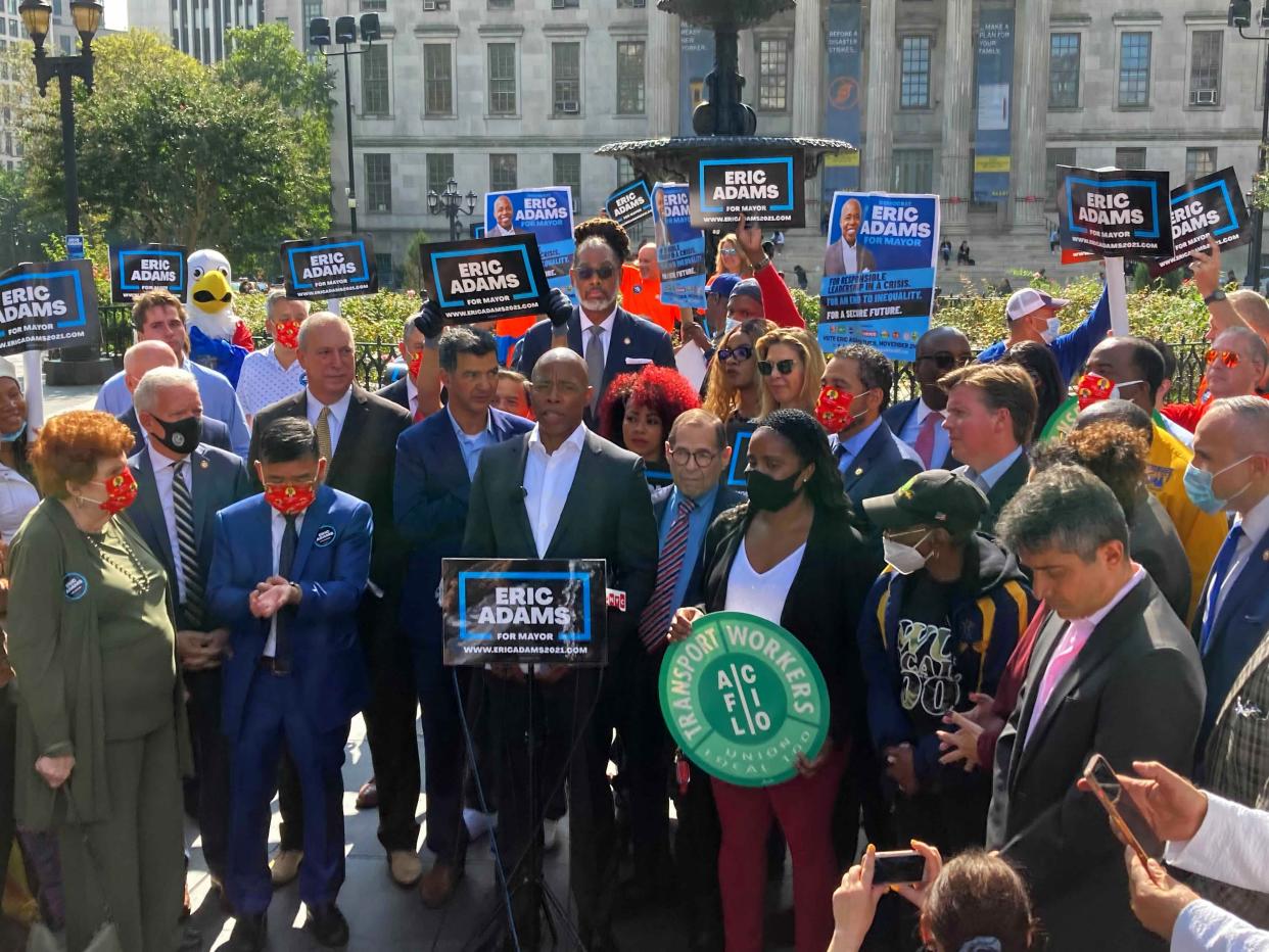 Democratic New York City mayoral candidate Eric Adams speaks in downtown Brooklyn, New York on Thursday, October 7, 2021.