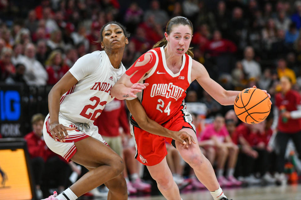 Ohio State's Taylor Mikesell dribbles the ball against Indiana's Chloe Moore-McNeil during the Big Ten tournament semifinals at Target Center in Minneapolis on March 4, 2023. (Aaron J. Thornton/Getty Images)