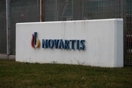 The logo of Swiss drugmaker Novartis is seen outside the company's offices in Athens, Greece, February 6, 2018. REUTERS/Costas Baltas