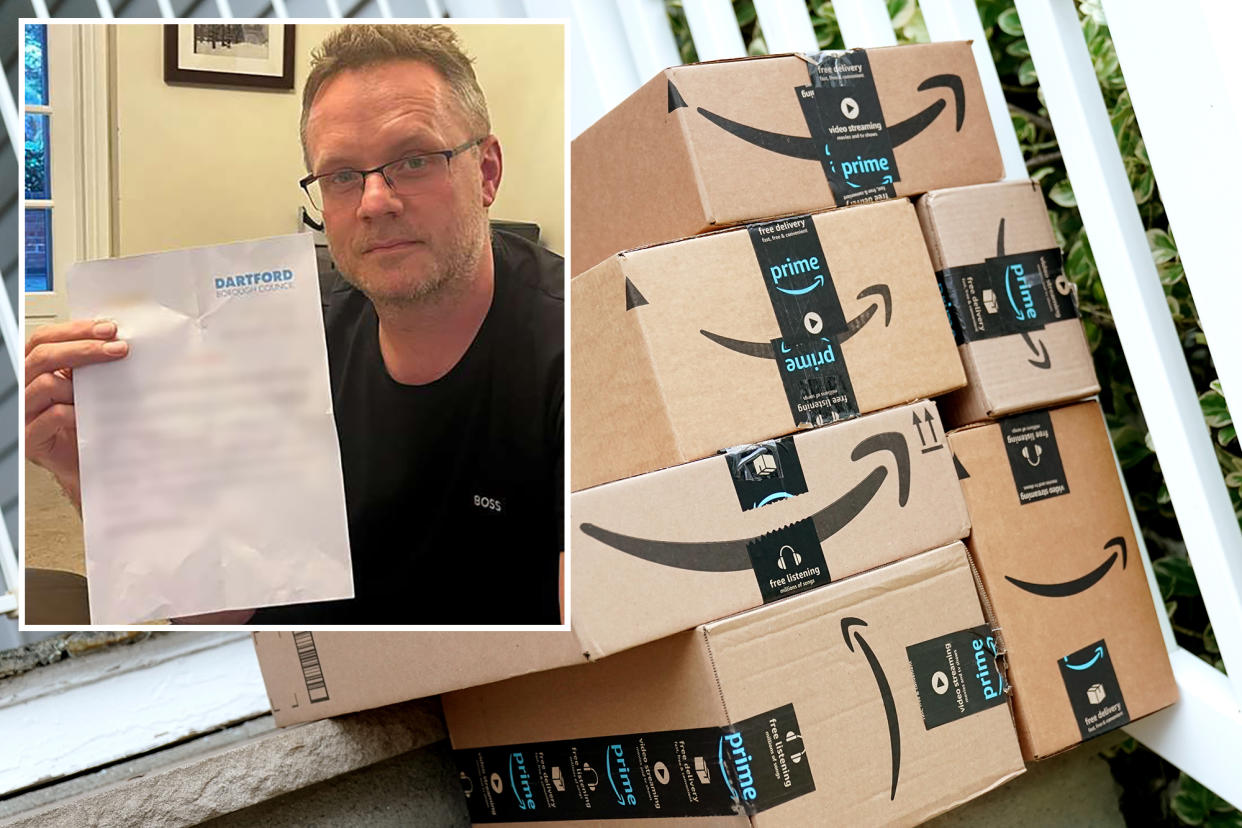 A stack of Amazon boxes on a porch in Hawthorne, NJ, captured on October 23, 2022