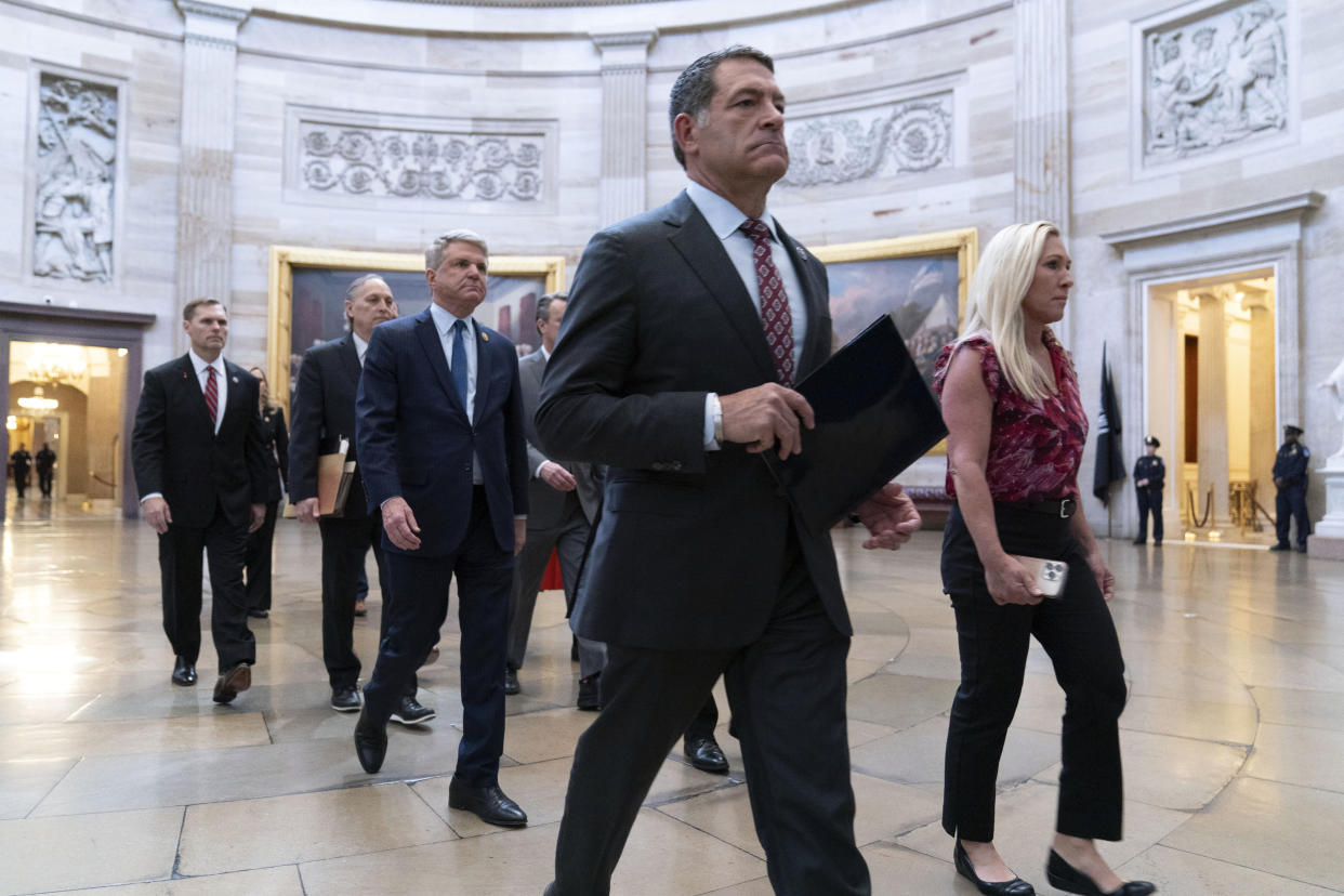 House Republicans walk across the Capitol to deliver articles of impeachment against Homeland Security Secretary Alejandro Mayorkas to the Senate.