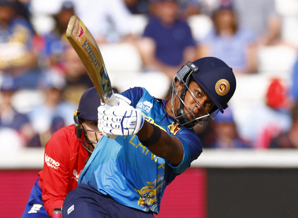 Sri Lanka's Chamari Athapaththu hits six runs off the bowling of England's Charlie Dean during their international match in Essex (Reuters via Beat Media Group subscription)