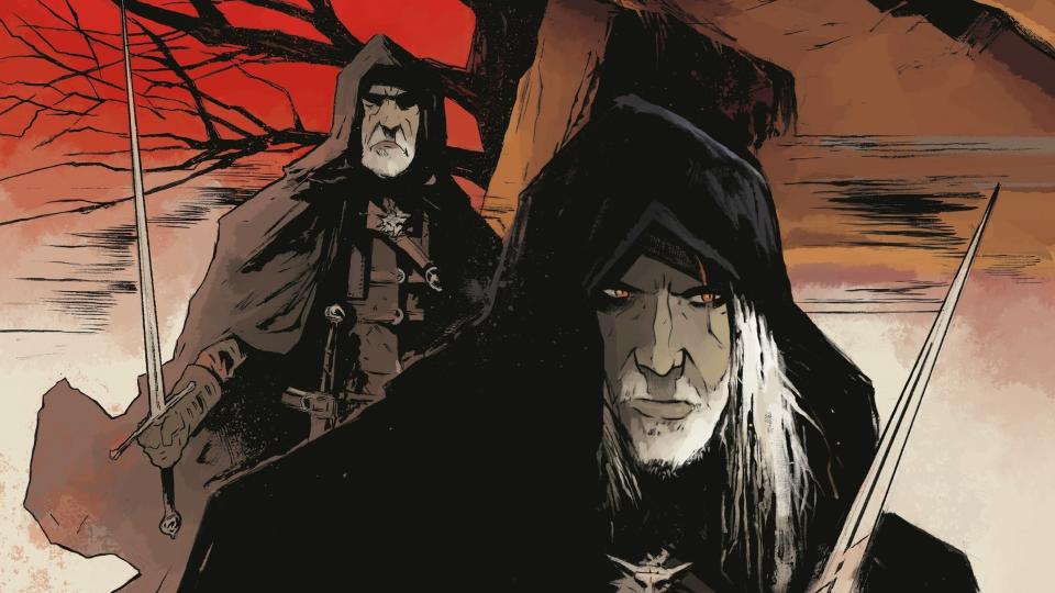 Geralt and Vesemir, swords drawn and hoods up