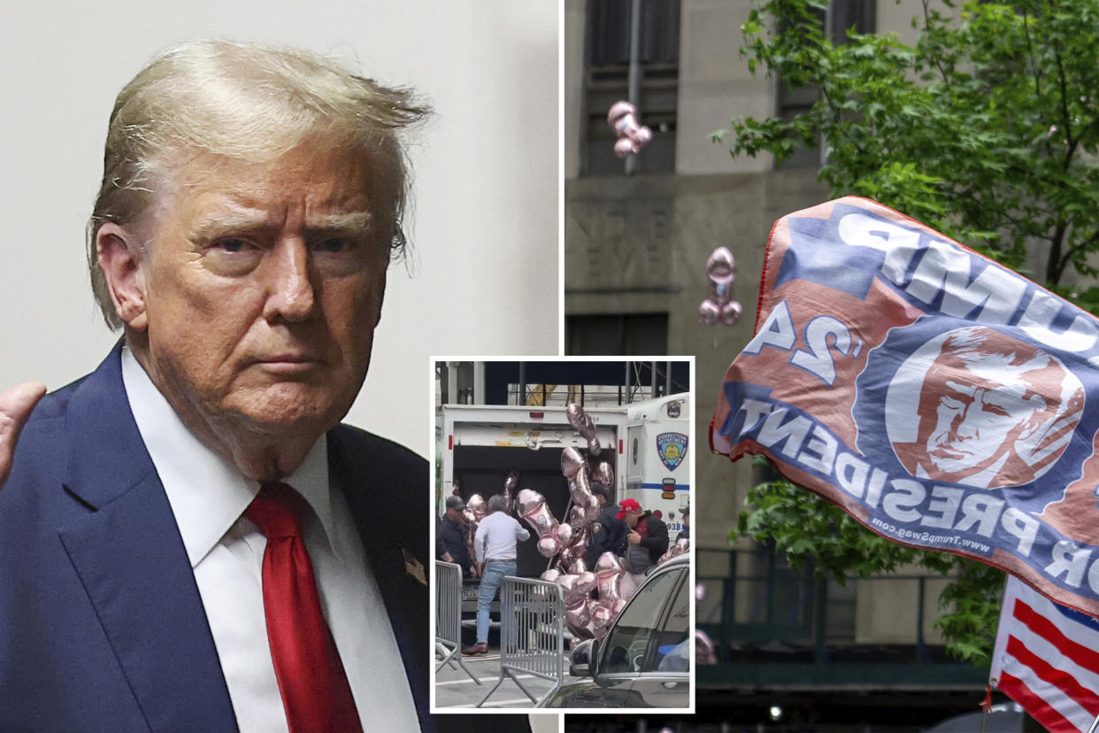 Controversial activist Scott Lobaido released 100 pink, penis-shaped balloons featuring the faces of Donald Trump foes like Manhattan District Attorney Alvin Bragg Thursday outside the courthouse.