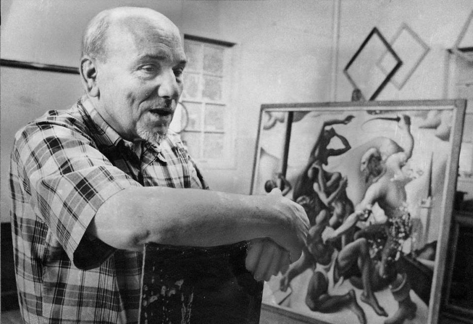 Vincent Campanella in Thomas Hart Benton’s studio in 1975. The Kansas City artist, painter and teacher died Dec. 23, 2001, in Austin, Texas, at the age of 86.
