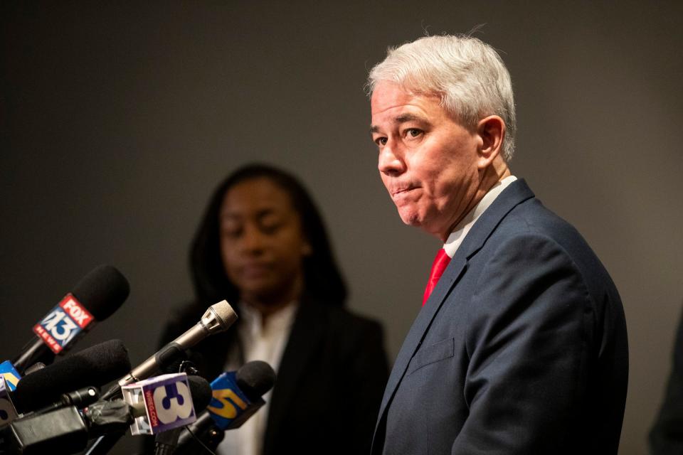 In Shelby County, Tennessee, District Attorney Steve Mulroy listens during a press conference about the five officers charged with murder in the death of Tyre Nichols in Memphis, Tennessee, on Jan. 26, 2023.