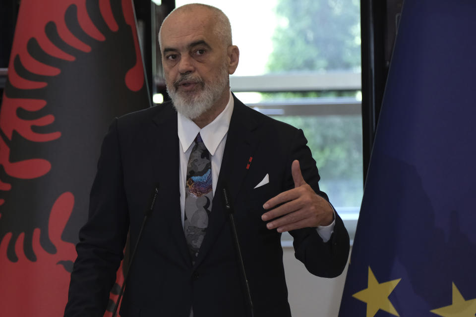 Albania's Prime Minister Edi Rama speaks during a news conference with British Foreign Secretary David Cameron in Tirana, Albania, Wednesday, May 22, 2024. Cameron hailed progress in a U.K.-Albania joint effort to cut illegal migration. (AP Photo/Vlasov Sulaj)