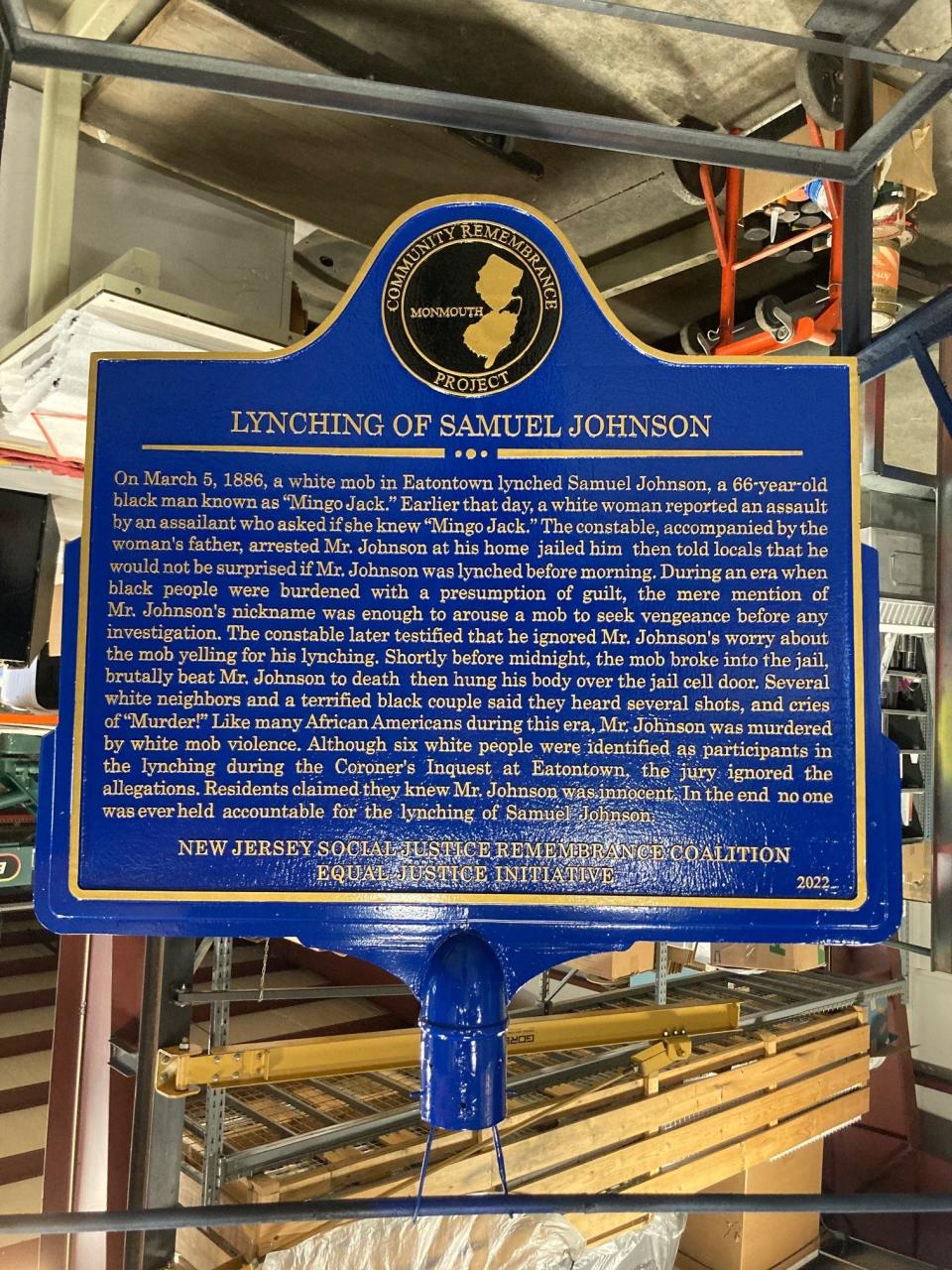 The historical marker that will be placed at Wampum Park in Eatontown at the site where Samuel "Mingo Jack" Johnson was lynched in 1886.