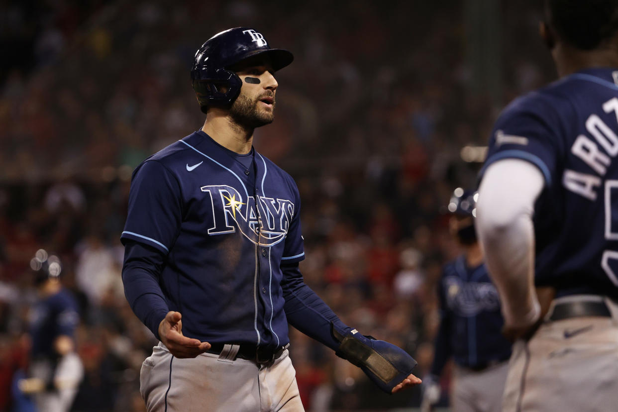 BOSTON, MASSACHUSETTS - OCTOBER 10: Kevin Kiermaier #39 of the Tampa Bay Rays reacts after his ground rule double in the 13th inning against the Boston Red Sox during Game 3 of the American League Division Series at Fenway Park on October 10, 2021 in Boston, Massachusetts. (Photo by Winslow Townson/Getty Images)