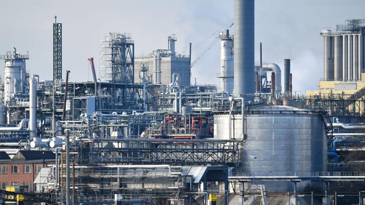 Industrieanlagen des Chemiekonzerns BASF stehen am Rheinufer auf dem Werksgelände. Die Chemieindustrie sorgt sich um die Zukunft vieler mittelständischer Betriebe und verlangt Entlastungen beim Strompreis (Symbol).