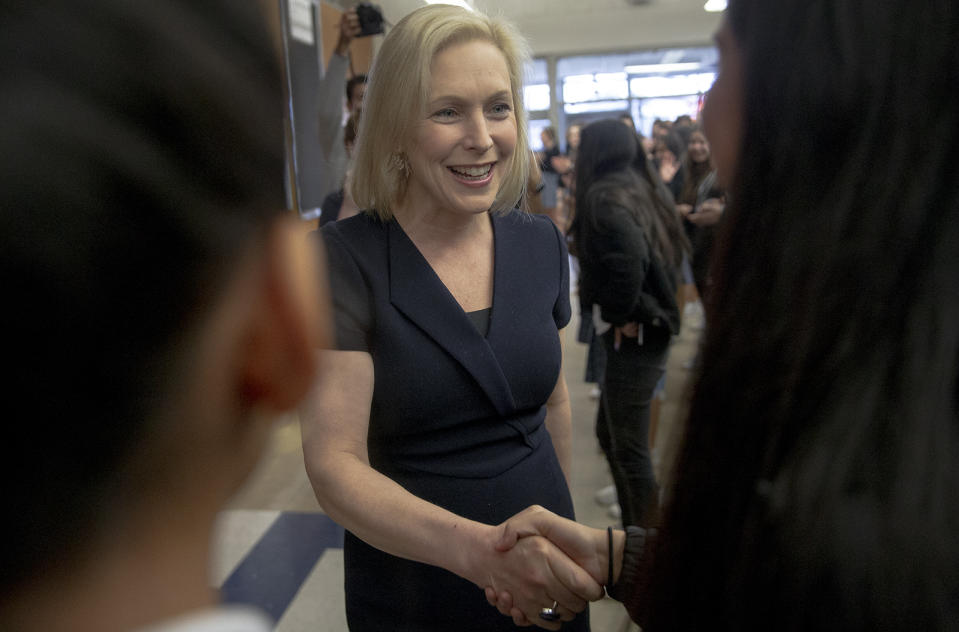 Senator and Democratic presidential hopeful Kirsten Gillibrand, D-N.Y., greets students at Ann Richards School for Young Women Leaders on Thursday, Feb. 21, 2019, in Austin, Texas. (Nick Wagner/Austin American-Statesman via AP)