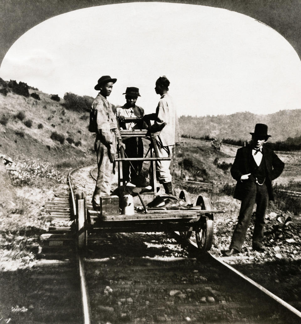 In early California, thousands of Chinese immigrants were employed by the railroads to do the toughest work; circa 1890.<span class="copyright">George Rinhart—Corbis/Getty Images</span>