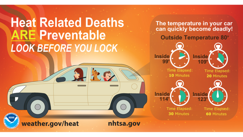An infographic posted by the National Weather Service, urging against leaving children and pets inside warm or hot cars.