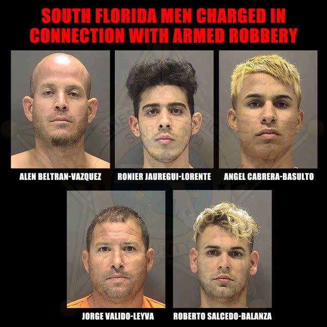 The five men arrested in relation to the armed robbery. Source: Sarasota Sheriff's Office