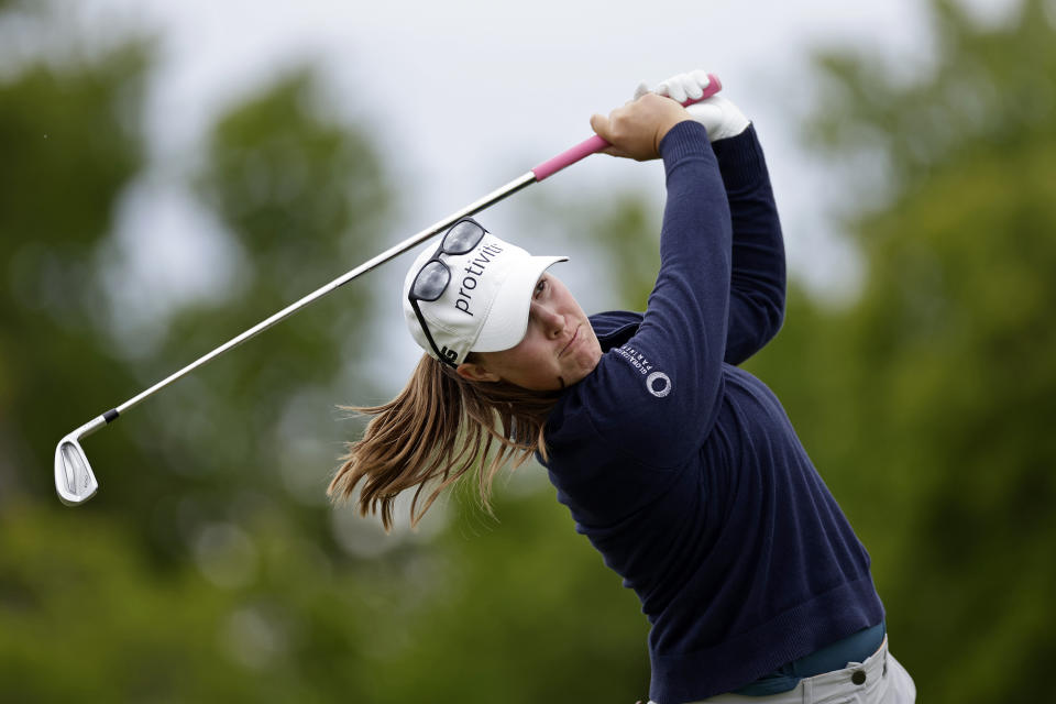 Jennifer Kupcho tees off on the second hole during the final round of the Mizuho Americas Open golf tournament, Sunday, June 4, 2023, in Jersey City, N.J. (AP Photo/Adam Hunger)